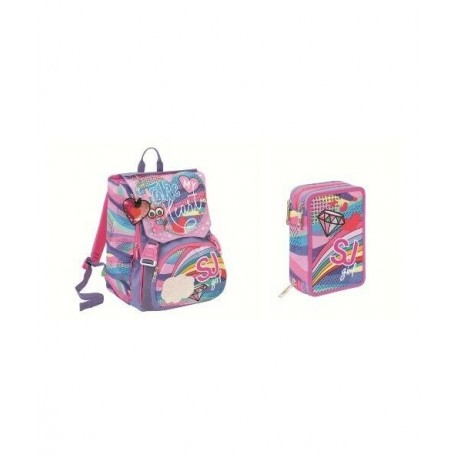 Schoolpack Seven Pastel Rainbow Zaino Estensibile Big + Astuccio 3 Zip Attrezzato Sj Gang Scuola Rosa