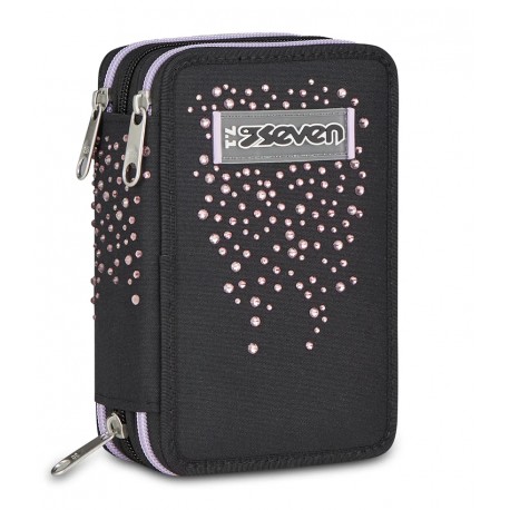 Seven Astuccio Scuola 3 Zip, Nero, 45 Pezzi con Pastelli, Pennarelli, Penne e Accessori, 3 Scom
