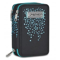 Seven Astuccio Scuola 3 Zip, Nero, 45 Pezzi con Pastelli, Pennarelli, Penne e Accessori, 3 Scomparti, Bambina e Ragazza