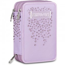 Seven Astuccio Scuola 3 Zip, Nero, 45 Pezzi con Pastelli, Pennarelli, Penne e Accessori, 3 Scomparti, Bambina e Ragazza